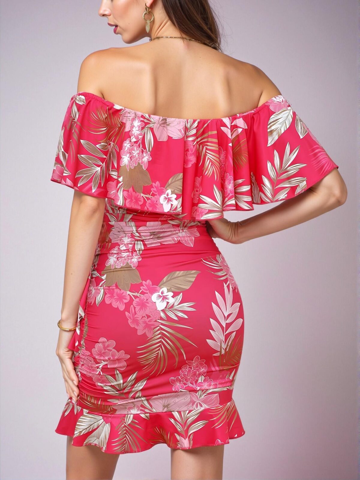 Elegant Hot Pink Tropical Print Off Shoulder Ruffle Trim Ruched Bodycon Dress for Vacation and Beach Getaways - Chic, Classy and Trendy Fashion Style to Dress to Impress - Image 2
