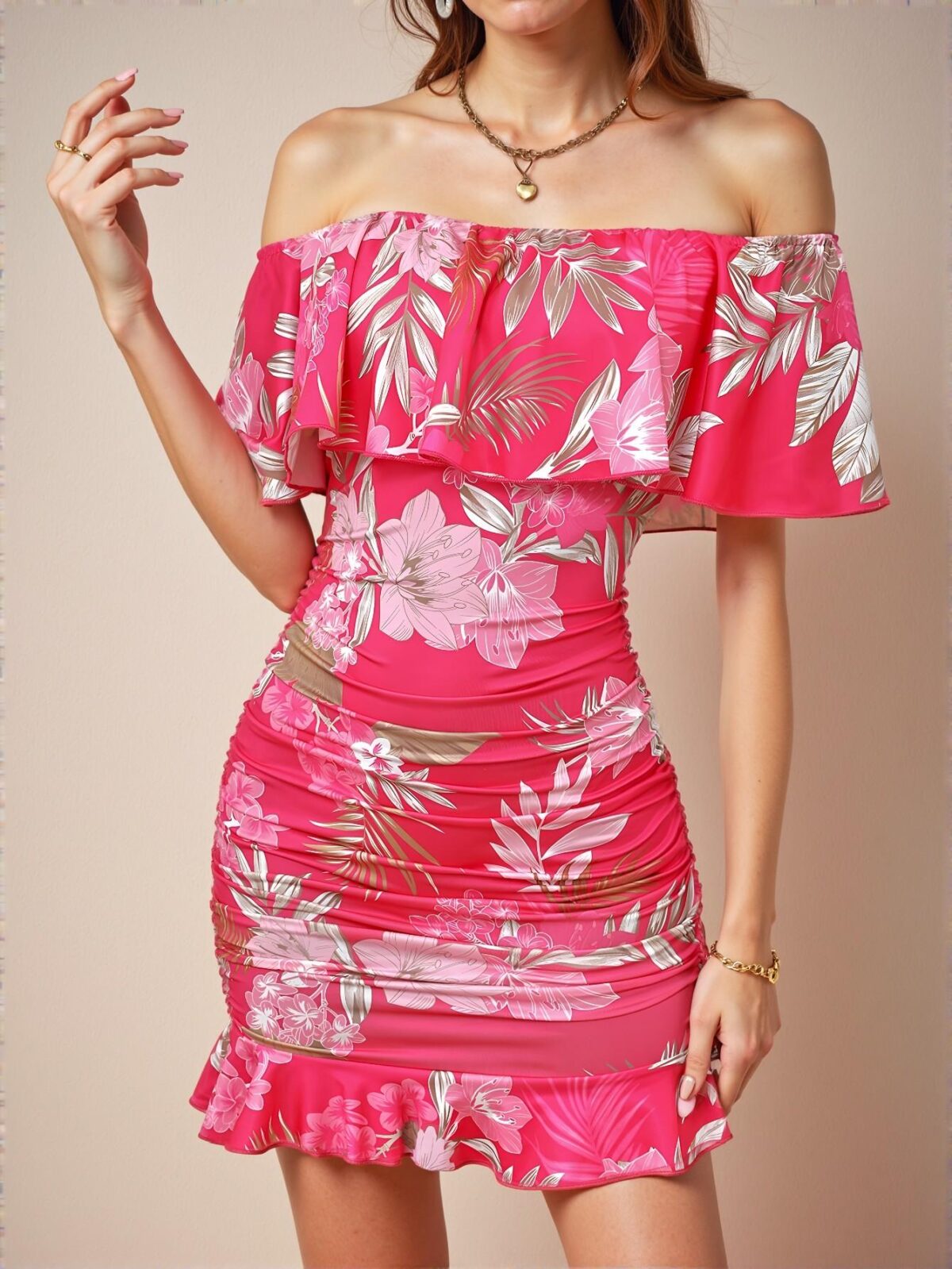 Elegant Hot Pink Tropical Print Off Shoulder Ruffle Trim Ruched Bodycon Dress for Vacation and Beach Getaways - Chic, Classy and Trendy Fashion Style to Dress to Impress - Image 4