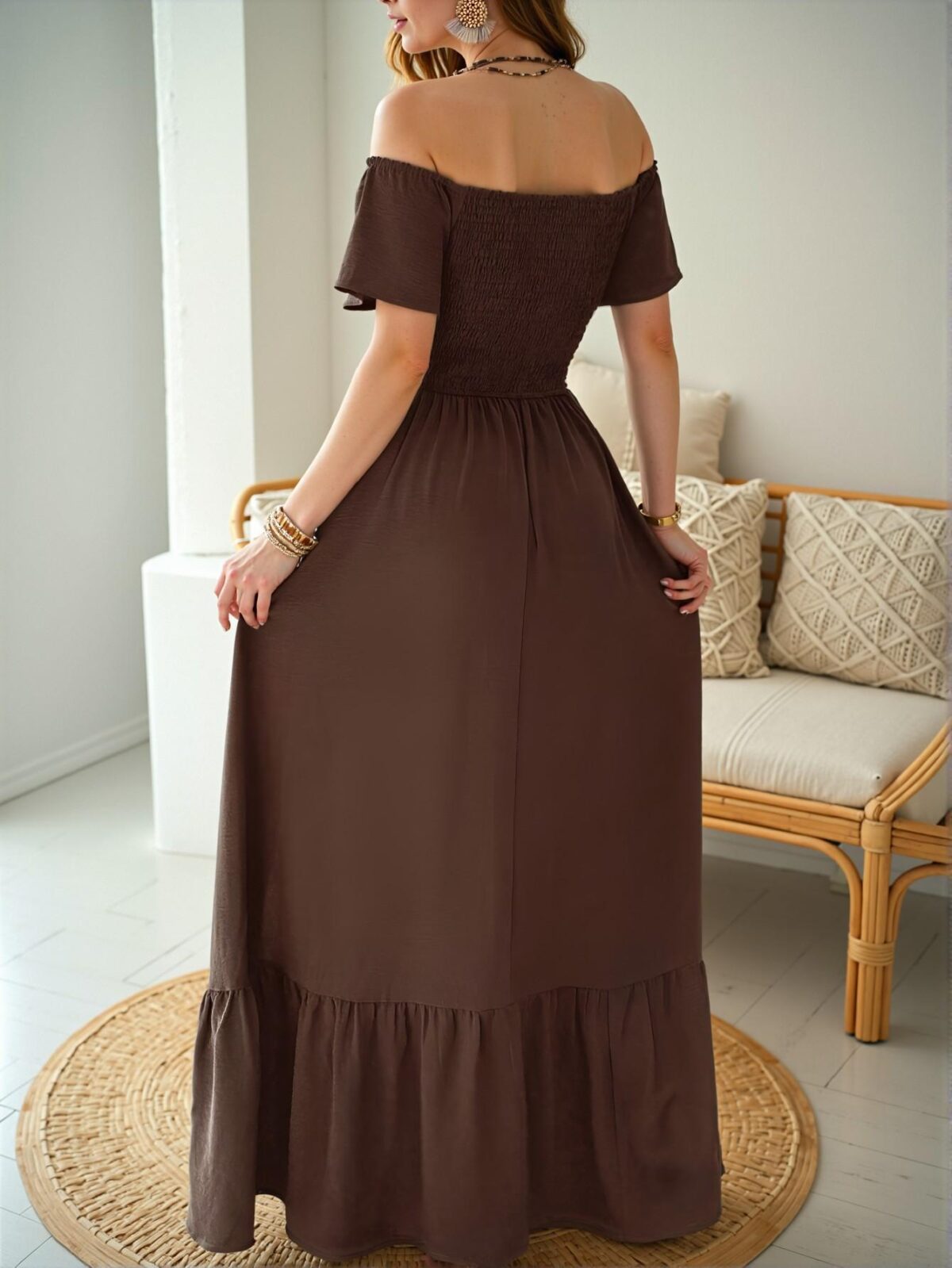 Elegant Brown Off Shoulder Ruffle Waist-Tie A-Line Long Dress for Spring/Summer - Chic, Classy and Trendy Fashion Style to Dress to Impress - Image 2