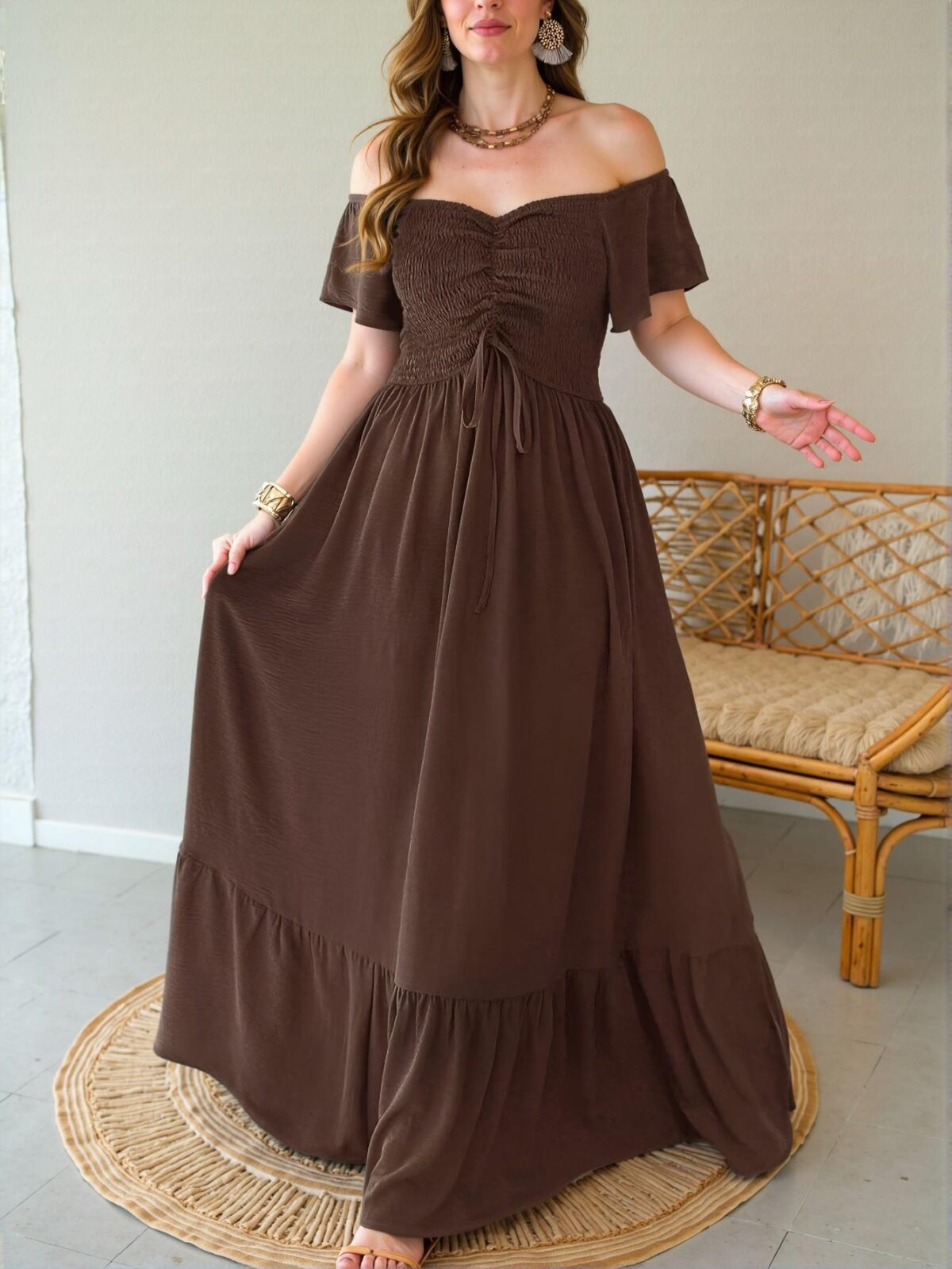 Elegant Brown Off Shoulder Ruffle Waist-Tie A-Line Long Dress for Spring/Summer - Chic, Classy and Trendy Fashion Style to Dress to Impress - Image 3