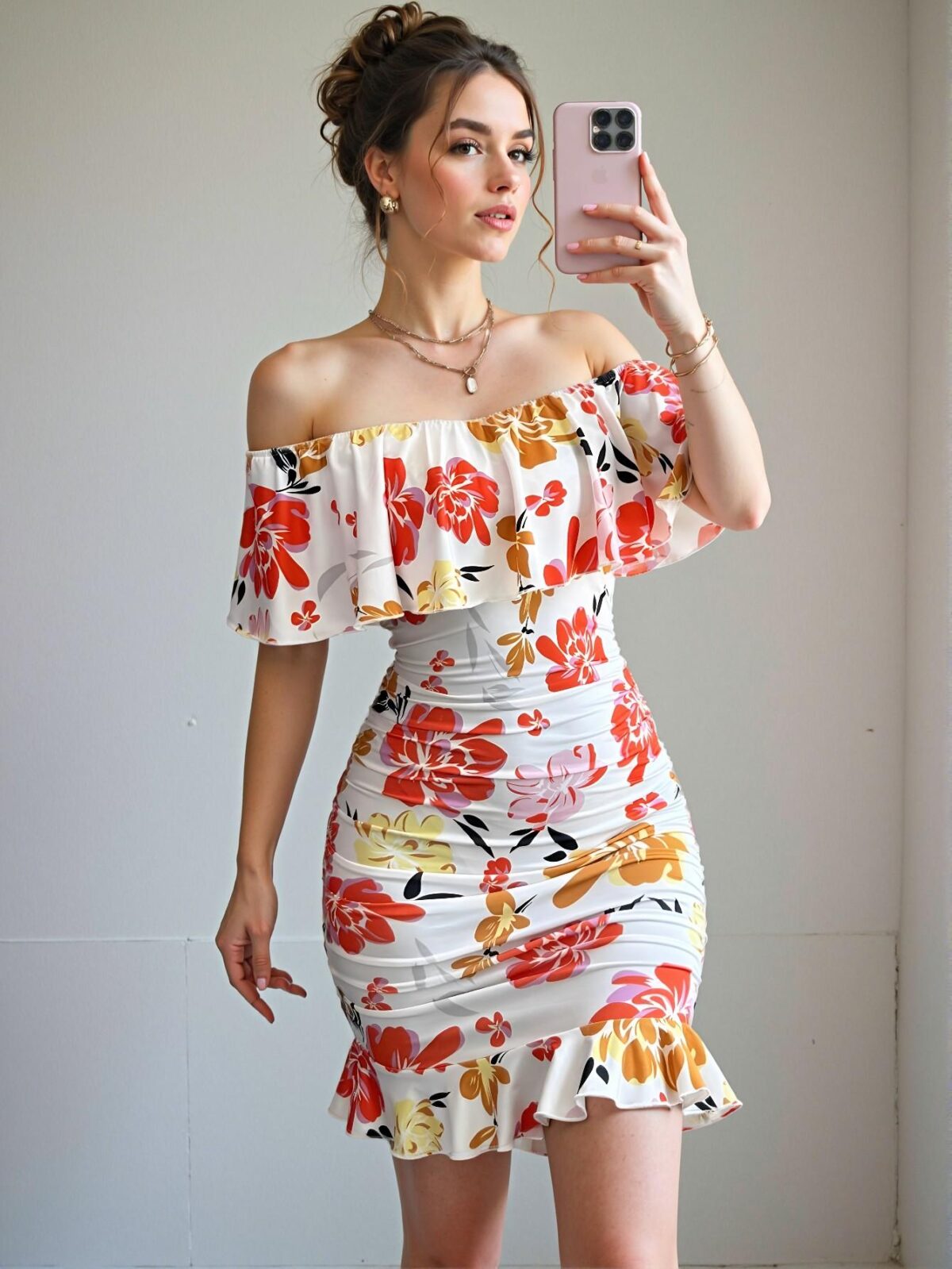 Elegant Multicolor Ruffled Off-Shoulder Bodycon Dress with Tropical Print for Vacation Getaways and Summer Escapes - Chic, Classy, and Trendy Fashion Style to Dress to Impress