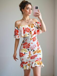 Elegant Multicolor Ruffled Off-Shoulder Bodycon Dress with Tropical Print for Vacation Getaways and Summer Escapes - Chic, Classy, and Trendy Fashion Style to Dress to Impress