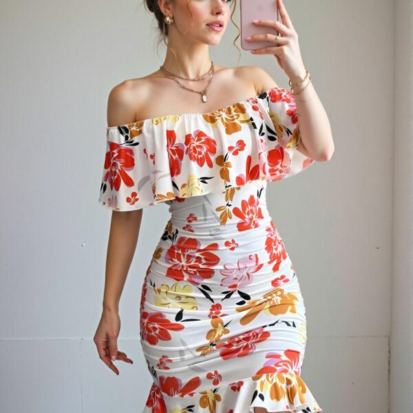 Elegant Multicolor Ruffled Off-Shoulder Bodycon Dress with Tropical Print for Vacation Getaways and Summer Escapes - Chic, Classy, and Trendy Fashion Style to Dress to Impress