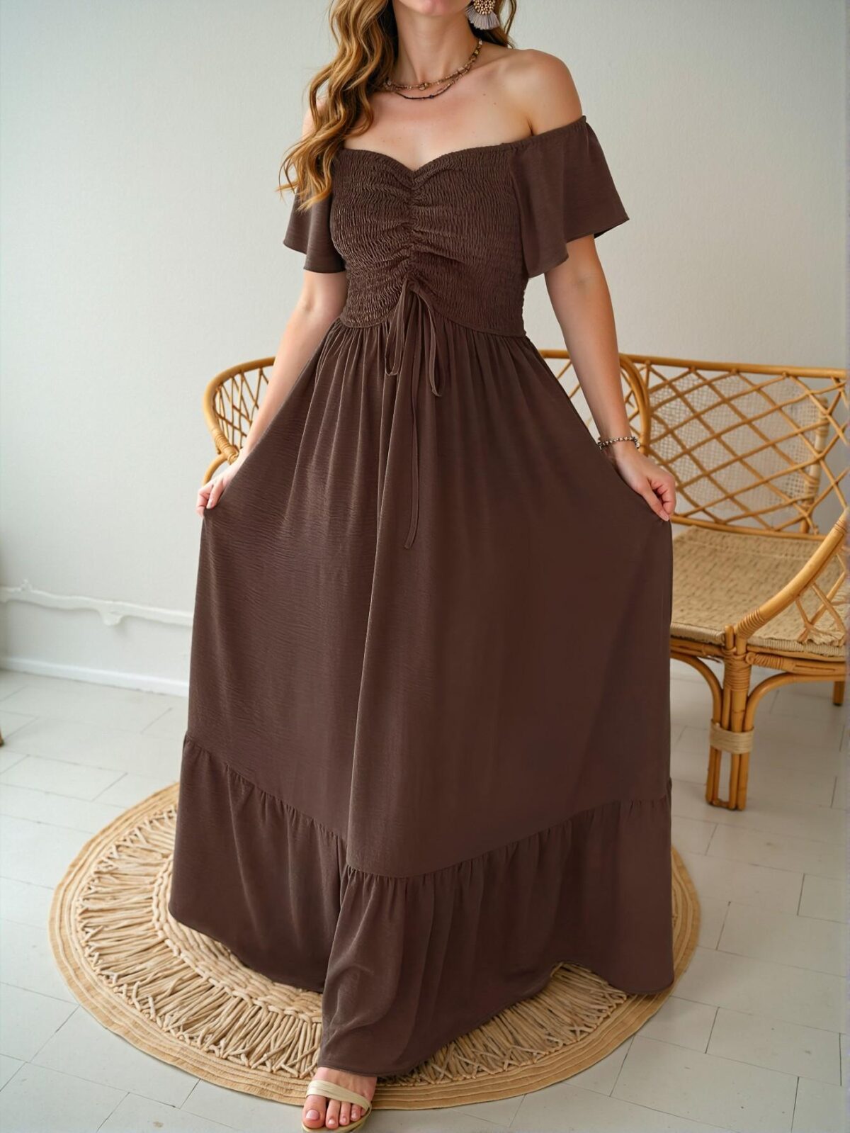 Elegant Brown Off Shoulder Ruffle Waist-Tie A-Line Long Dress for Spring/Summer - Chic, Classy and Trendy Fashion Style to Dress to Impress - Image 4