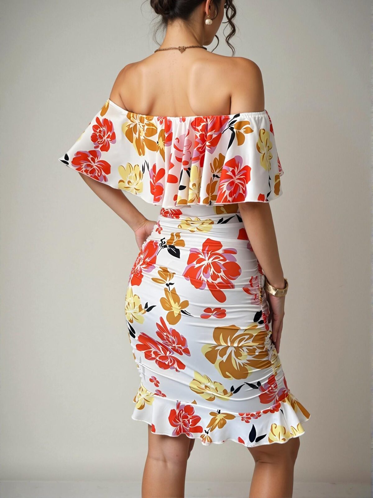 Elegant Multicolor Ruffled Off-Shoulder Bodycon Dress with Tropical Print for Vacation Getaways and Summer Escapes - Chic, Classy, and Trendy Fashion Style to Dress to Impress - Image 2