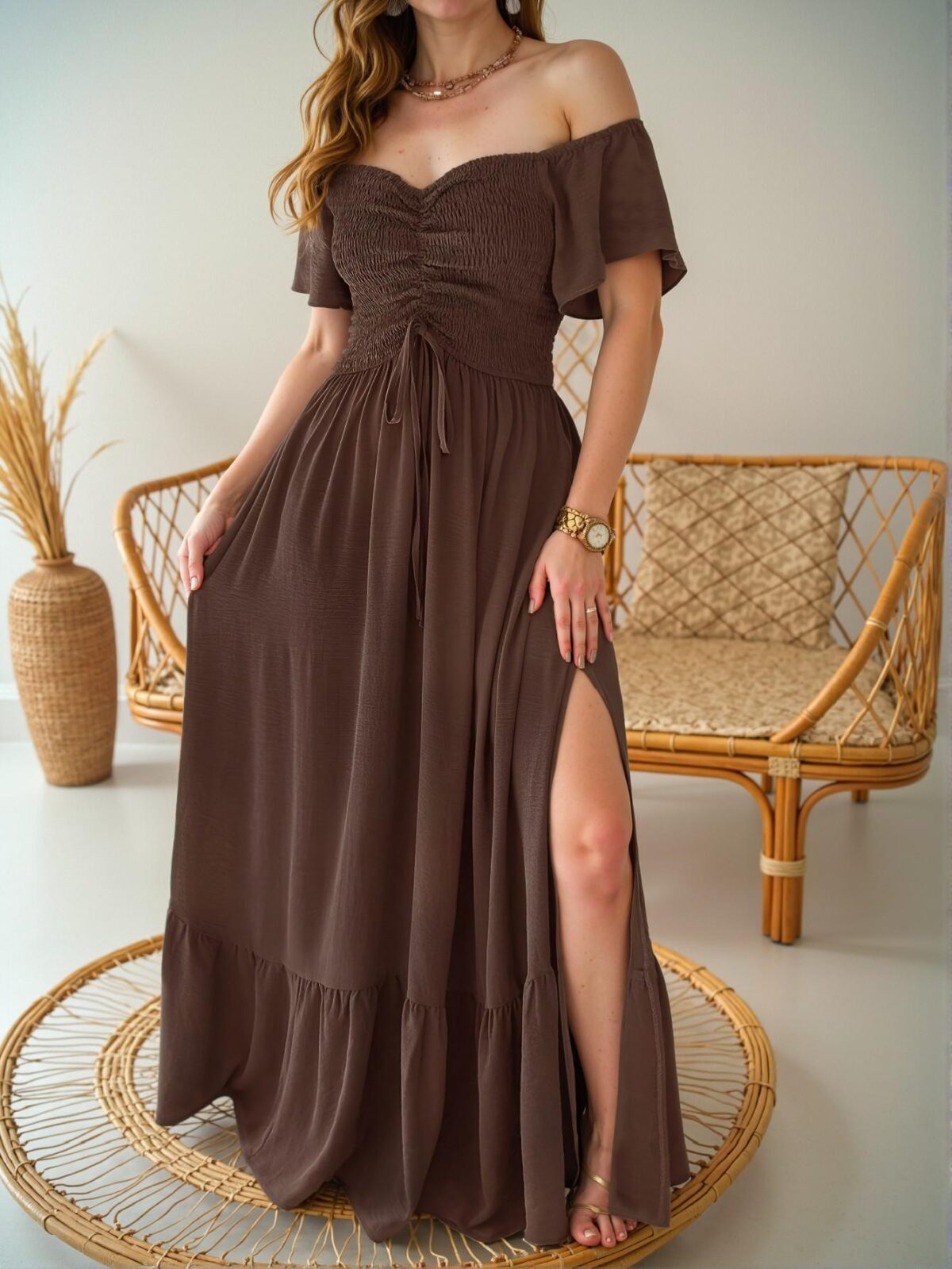 Elegant Brown Off Shoulder Ruffle Waist-Tie A-Line Long Dress for Spring/Summer - Chic, Classy and Trendy Fashion Style to Dress to Impress - Image 5