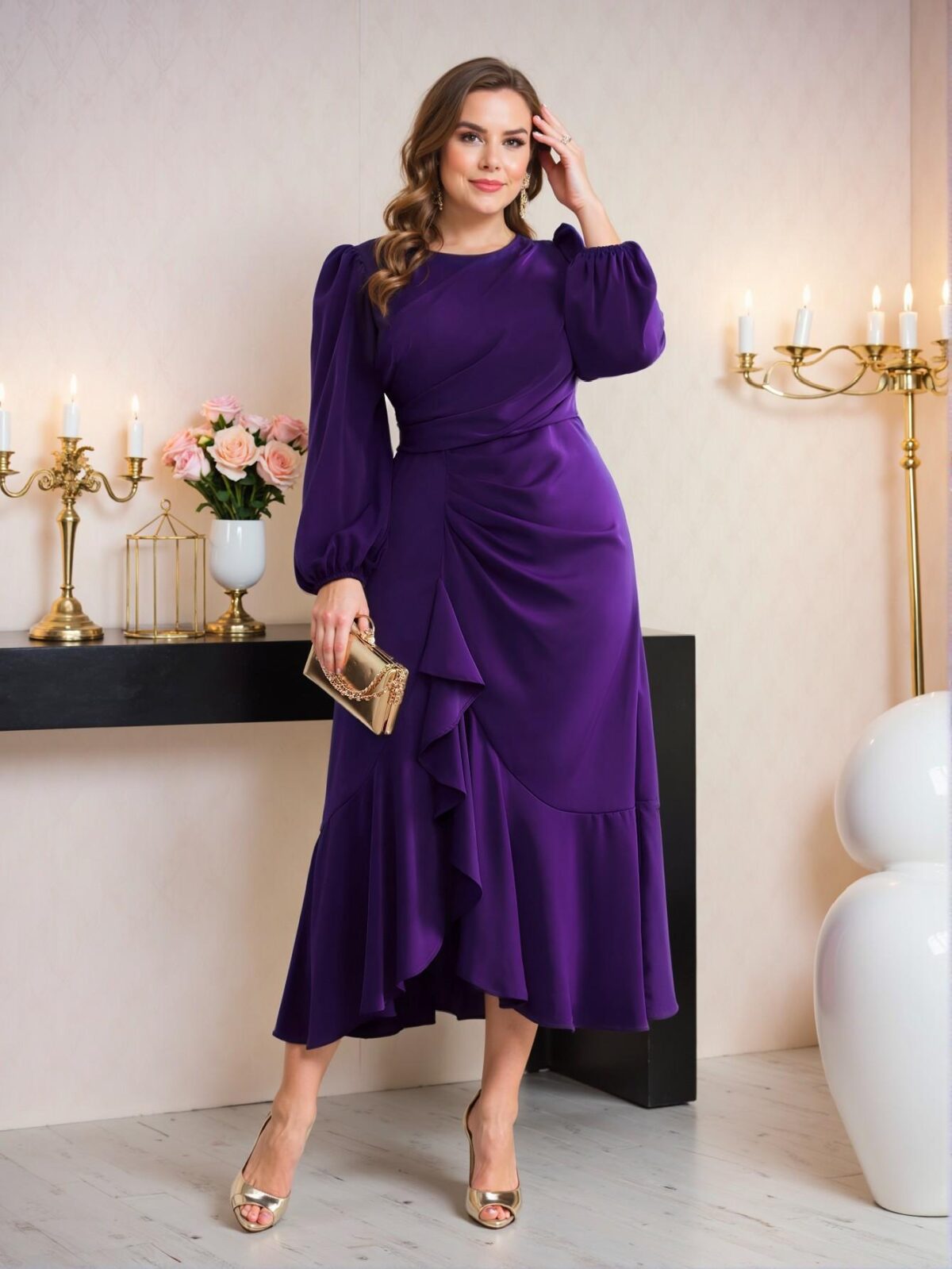 Elegant Purple Pleated Long Sleeve A-Line Dress with High Waist and Ruffle Hem - Chic, Classy and Trendy Fashion Style to Dress to Impress