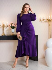 Elegant Purple Pleated Long Sleeve A-Line Dress with High Waist and Ruffle Hem - Chic, Classy and Trendy Fashion Style to Dress to Impress