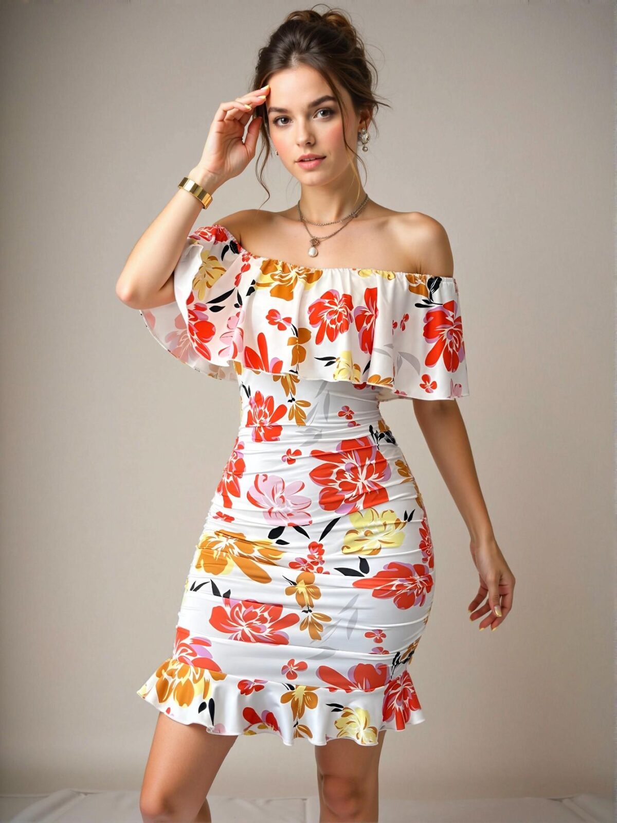 Elegant Multicolor Ruffled Off-Shoulder Bodycon Dress with Tropical Print for Vacation Getaways and Summer Escapes - Chic, Classy, and Trendy Fashion Style to Dress to Impress - Image 3