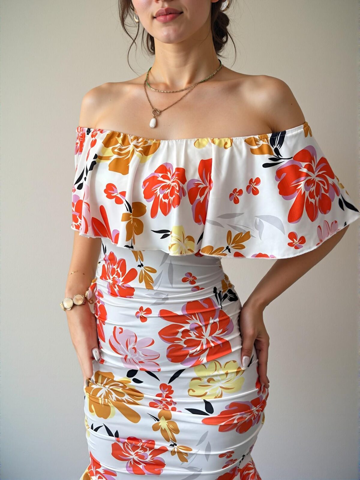 Elegant Multicolor Ruffled Off-Shoulder Bodycon Dress with Tropical Print for Vacation Getaways and Summer Escapes - Chic, Classy, and Trendy Fashion Style to Dress to Impress - Image 4