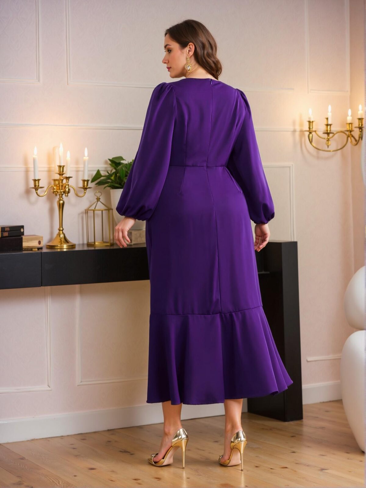 Elegant Purple Pleated Long Sleeve A-Line Dress with High Waist and Ruffle Hem - Chic, Classy and Trendy Fashion Style to Dress to Impress - Image 2