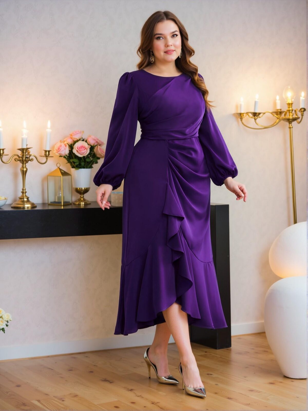 Elegant Purple Pleated Long Sleeve A-Line Dress with High Waist and Ruffle Hem - Chic, Classy and Trendy Fashion Style to Dress to Impress - Image 4