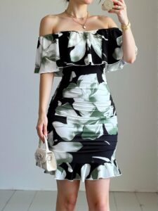 Elegant Multicolor Off Shoulder Ruffle Trim Ruched Bodycon Dress Perfect for Tropical Vacations and Summer Outings - Chic, Classy and Trendy Fashion Style to Dress to Impress