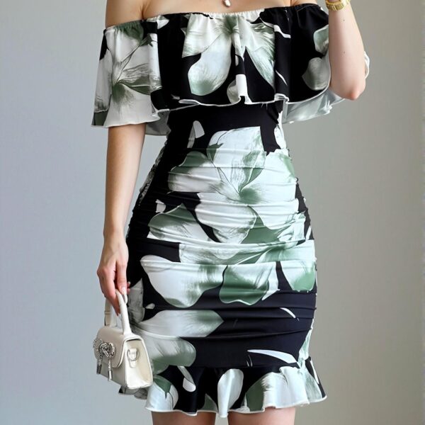 Elegant Multicolor Off Shoulder Ruffle Trim Ruched Bodycon Dress Perfect for Tropical Vacations and Summer Outings - Chic, Classy and Trendy Fashion Style to Dress to Impress