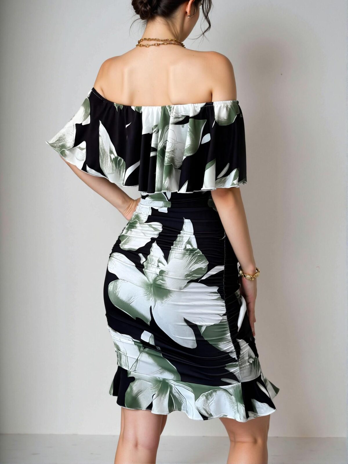 Elegant Multicolor Off Shoulder Ruffle Trim Ruched Bodycon Dress Perfect for Tropical Vacations and Summer Outings - Chic, Classy and Trendy Fashion Style to Dress to Impress - Image 2