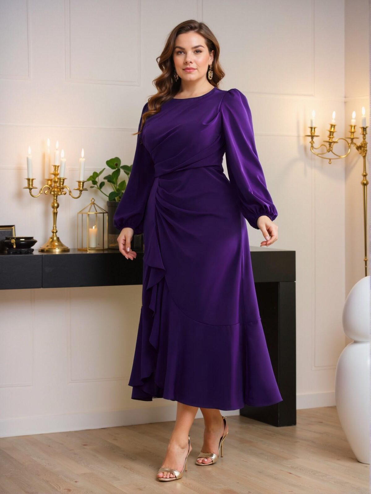 Elegant Purple Pleated Long Sleeve A-Line Dress with High Waist and Ruffle Hem - Chic, Classy and Trendy Fashion Style to Dress to Impress - Image 5