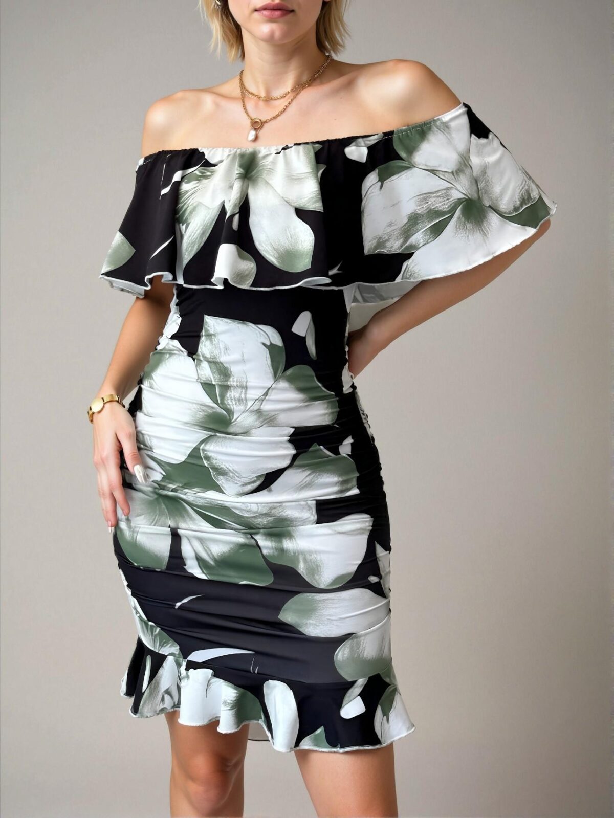 Elegant Multicolor Off Shoulder Ruffle Trim Ruched Bodycon Dress Perfect for Tropical Vacations and Summer Outings - Chic, Classy and Trendy Fashion Style to Dress to Impress - Image 3