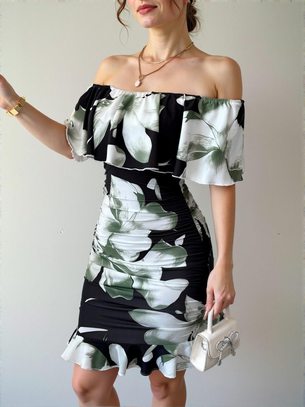 Elegant Multicolor Off Shoulder Ruffle Trim Ruched Bodycon Dress Perfect for Tropical Vacations and Summer Outings - Chic, Classy and Trendy Fashion Style to Dress to Impress - Image 4