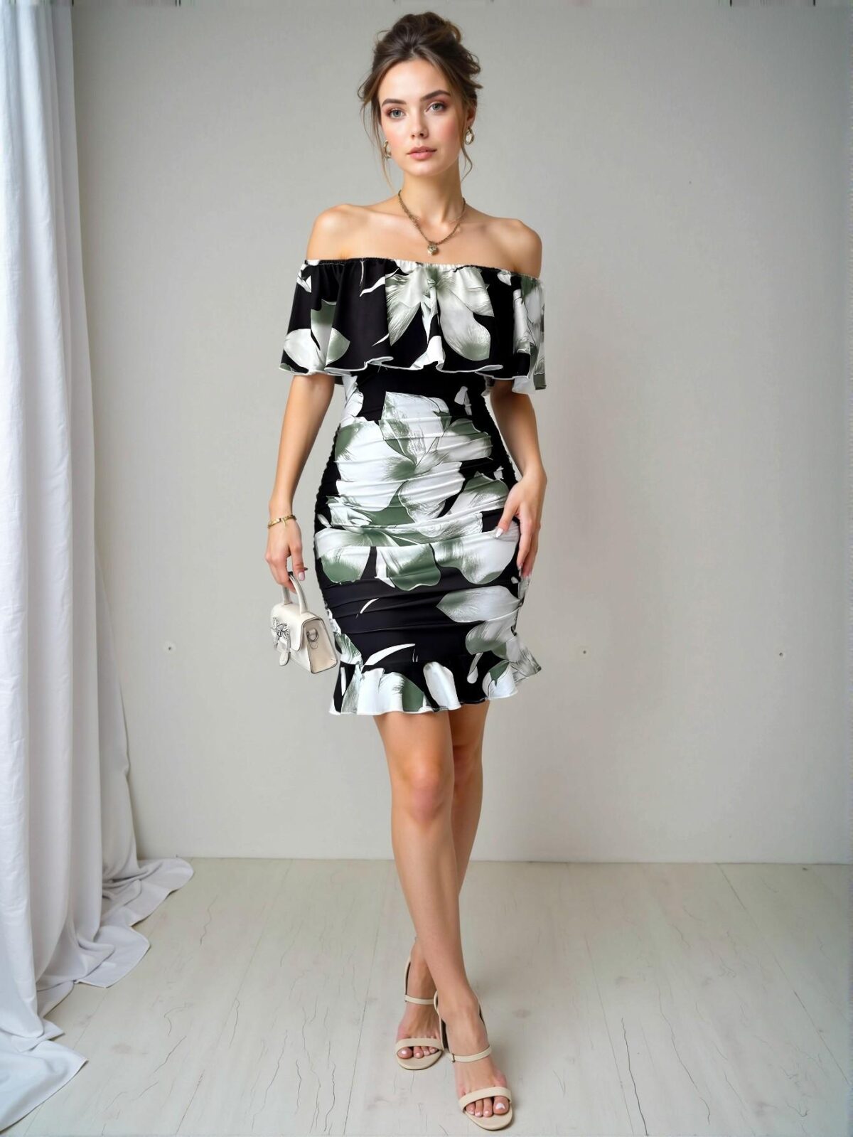 Elegant Multicolor Off Shoulder Ruffle Trim Ruched Bodycon Dress Perfect for Tropical Vacations and Summer Outings - Chic, Classy and Trendy Fashion Style to Dress to Impress - Image 5