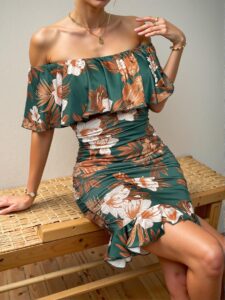 Elegant Dark Green Off-Shoulder Floral Bodycon Dress with Ruffle Trim and Ruched Details for Spring and Summer Chic, Classy and Trendy Fashion Style to Dress to Impress