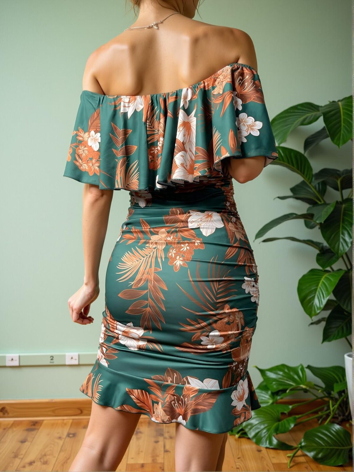 Elegant Dark Green Off-Shoulder Floral Bodycon Dress with Ruffle Trim and Ruched Details for Spring and Summer Chic, Classy and Trendy Fashion Style to Dress to Impress - Image 2