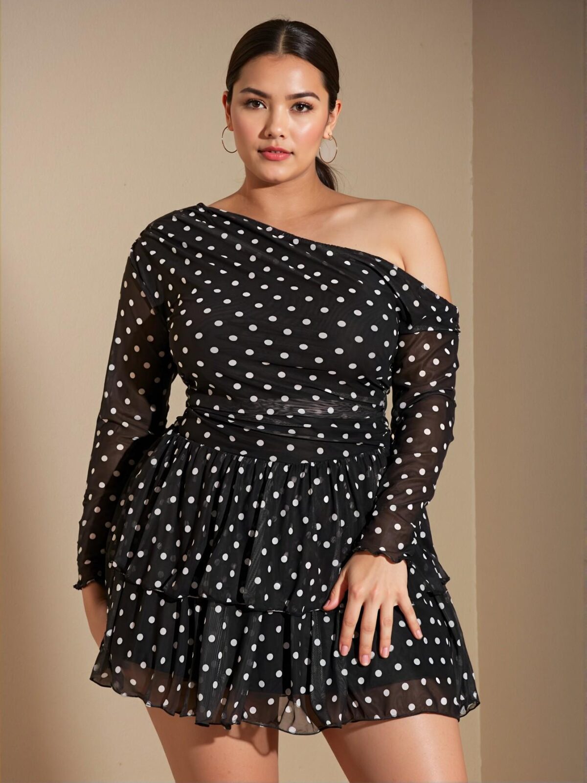 Elegant Black Polka Dot Mesh Print Off-Shoulder Multi-Layered Ruffle Long Sleeve Short Dress for Parties and New Year's Eve Celebrations, Perfect for Holidays and Christmas Events - Chic, Classy and Trendy Fashion Style to Dress to Impress - Image 5