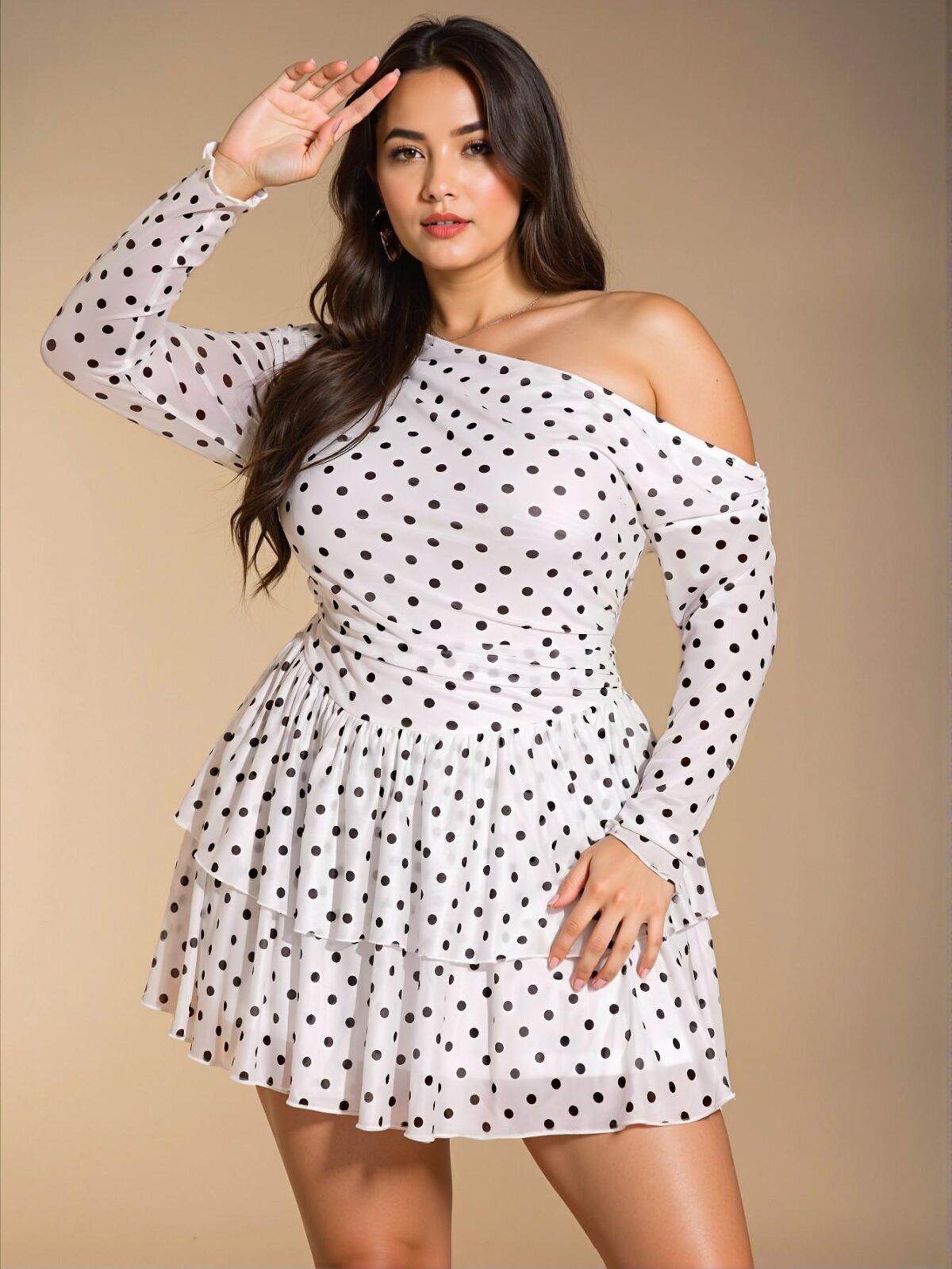 Elegant White Asymmetrical Polka Dot Mesh Off-Shoulder Ruffle Long Sleeve Dress with High Slit and Tiered Hem for a Romantic Winter Evening "Chic, Classy and Trendy Fashion Style to Dress to Impress"