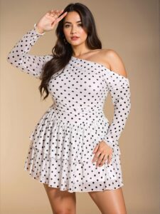 Elegant White Asymmetrical Polka Dot Mesh Off-Shoulder Ruffle Long Sleeve Dress with High Slit and Tiered Hem for a Romantic Winter Evening "Chic, Classy and Trendy Fashion Style to Dress to Impress"