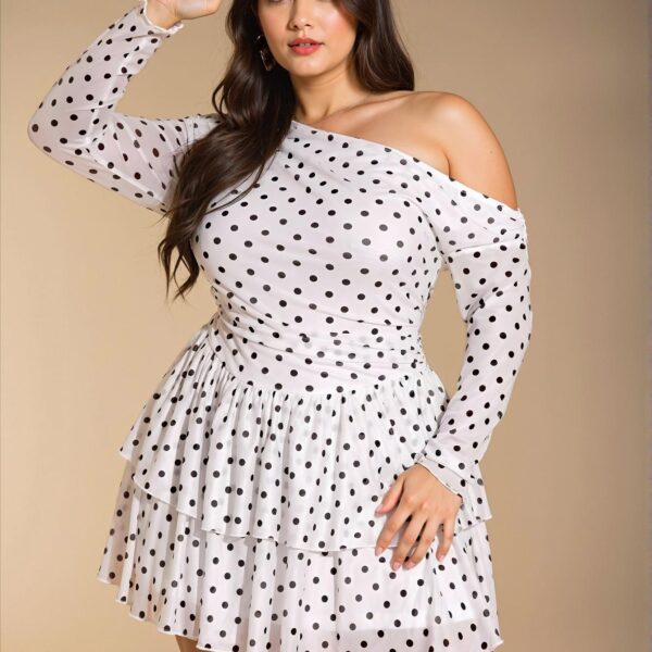 Elegant White Asymmetrical Polka Dot Mesh Off-Shoulder Ruffle Long Sleeve Dress with High Slit and Tiered Hem for a Romantic Winter Evening "Chic, Classy and Trendy Fashion Style to Dress to Impress"