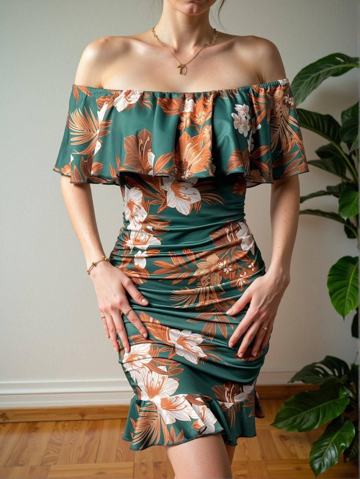 Elegant Dark Green Off-Shoulder Floral Bodycon Dress with Ruffle Trim and Ruched Details for Spring and Summer Chic, Classy and Trendy Fashion Style to Dress to Impress - Image 4