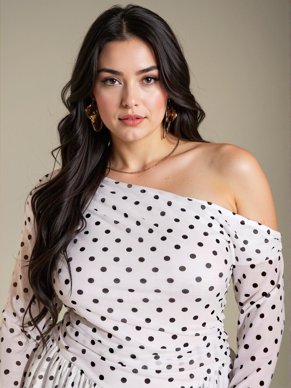 Elegant White Asymmetrical Polka Dot Mesh Off-Shoulder Ruffle Long Sleeve Dress with High Slit and Tiered Hem for a Romantic Winter Evening "Chic, Classy and Trendy Fashion Style to Dress to Impress" - Image 3