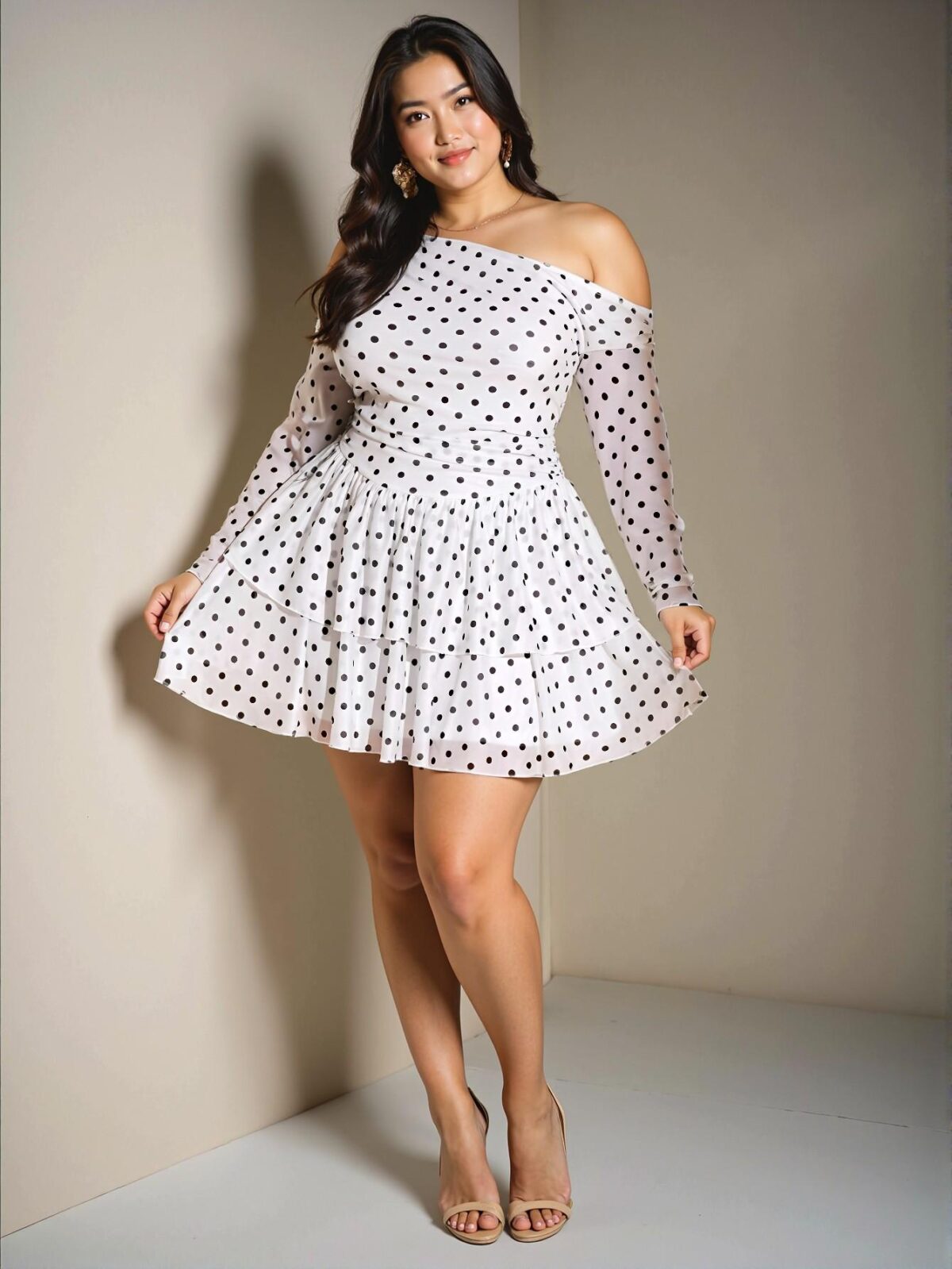 Elegant White Asymmetrical Polka Dot Mesh Off-Shoulder Ruffle Long Sleeve Dress with High Slit and Tiered Hem for a Romantic Winter Evening "Chic, Classy and Trendy Fashion Style to Dress to Impress" - Image 4