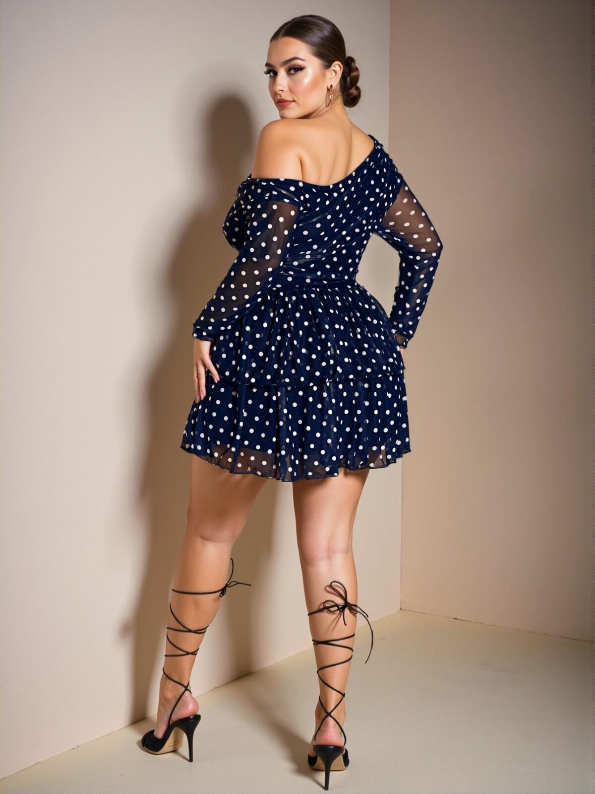 Elegant Navy Blue Multi-Layered Ruffle Off-Shoulder Mini Dress with Polka Dots and High Slit for Parties and Festivities - Chic, Classy and Trendy Fashion Style to Dress to Impress - Image 2