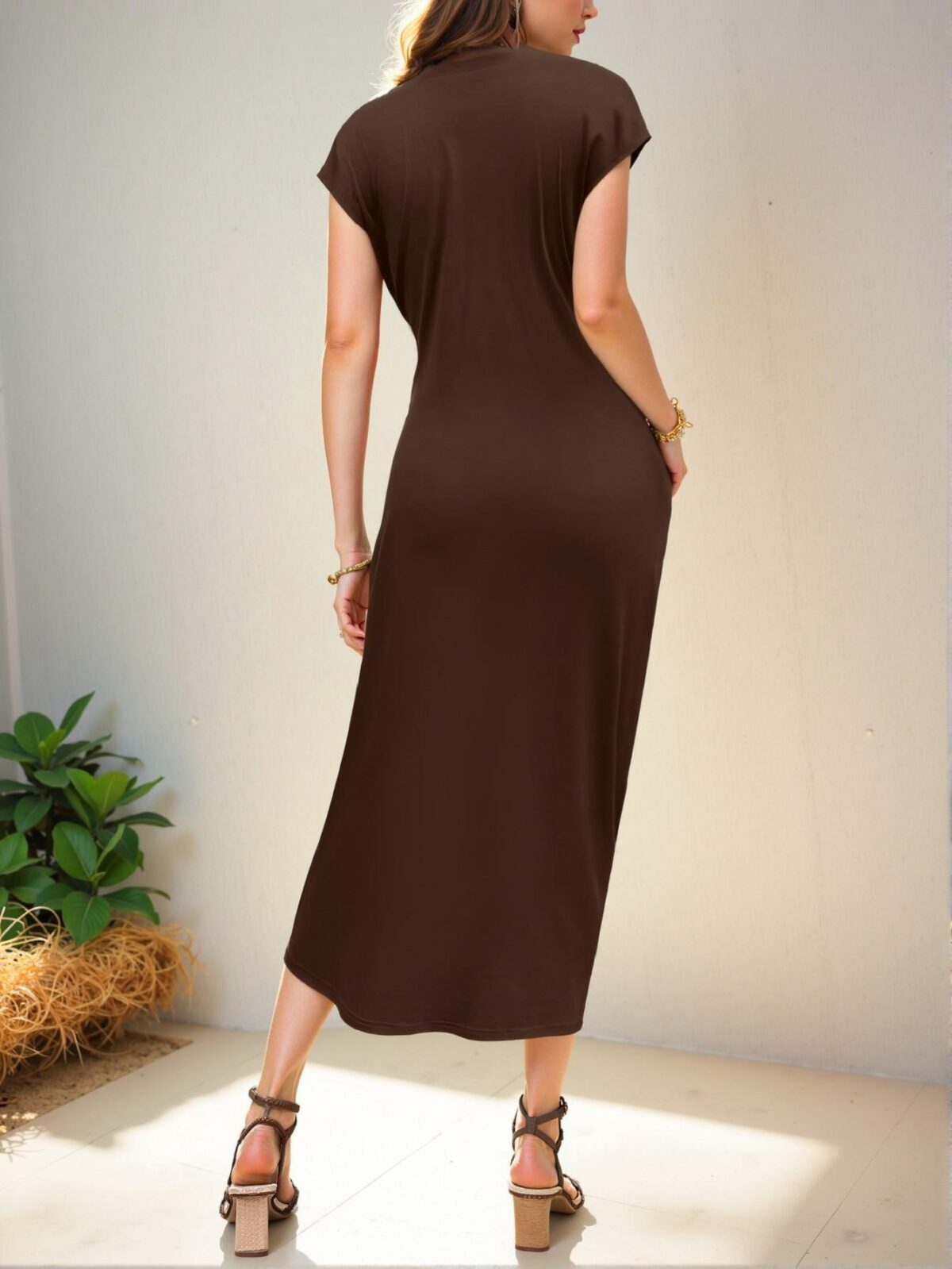 Elegant Brown Stylish Maxi Dress with Mock Neck and Side Knot Detail for Spring and Summer Chic, Classy and Trendy Fashion Style to Dress to Impress - Image 2