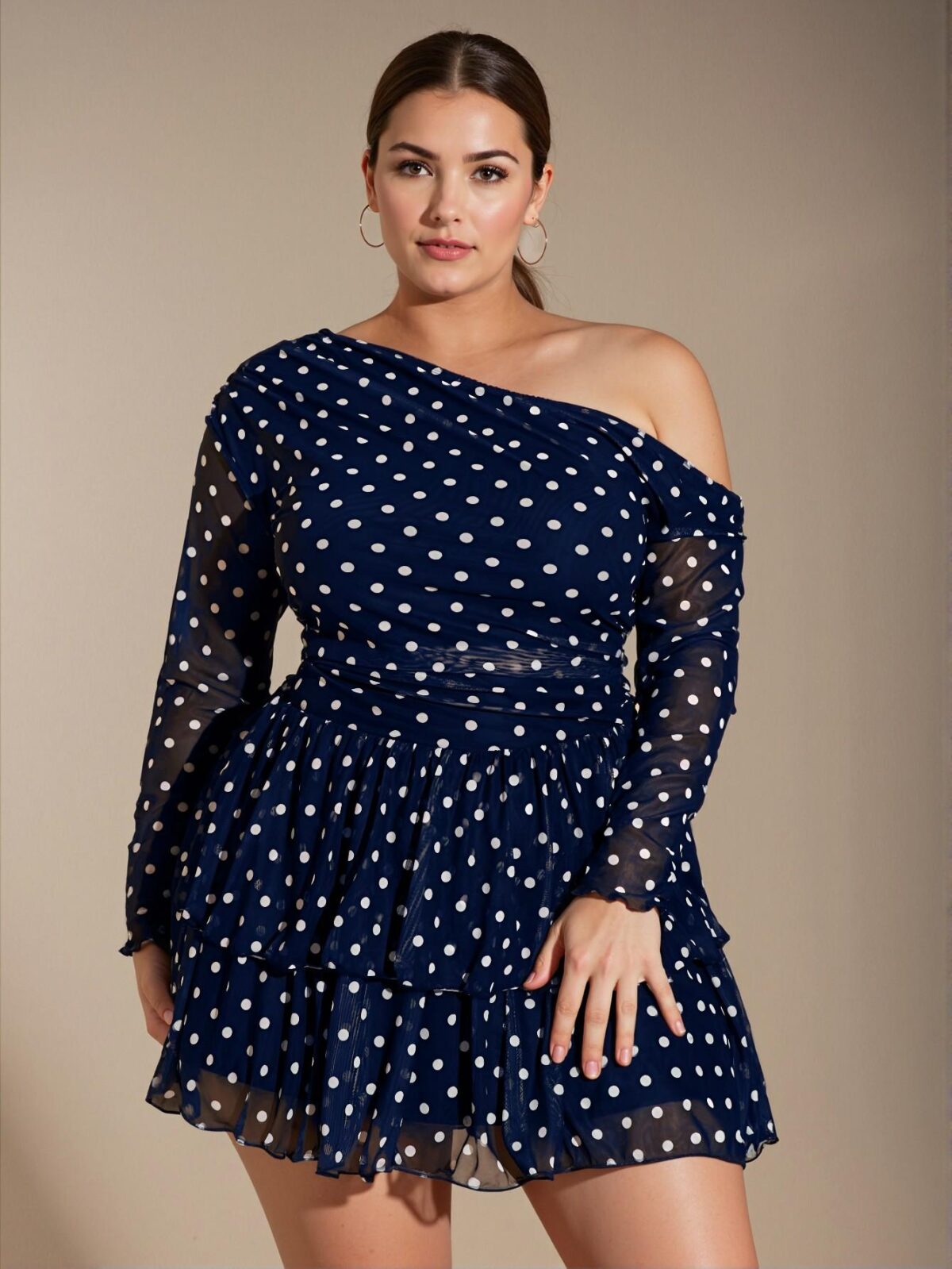 Elegant Navy Blue Multi-Layered Ruffle Off-Shoulder Mini Dress with Polka Dots and High Slit for Parties and Festivities - Chic, Classy and Trendy Fashion Style to Dress to Impress - Image 4