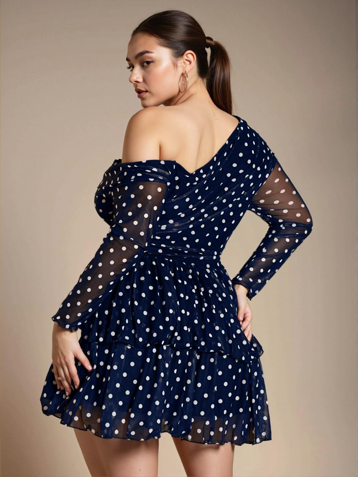 Elegant Navy Blue Multi-Layered Ruffle Off-Shoulder Mini Dress with Polka Dots and High Slit for Parties and Festivities - Chic, Classy and Trendy Fashion Style to Dress to Impress - Image 5