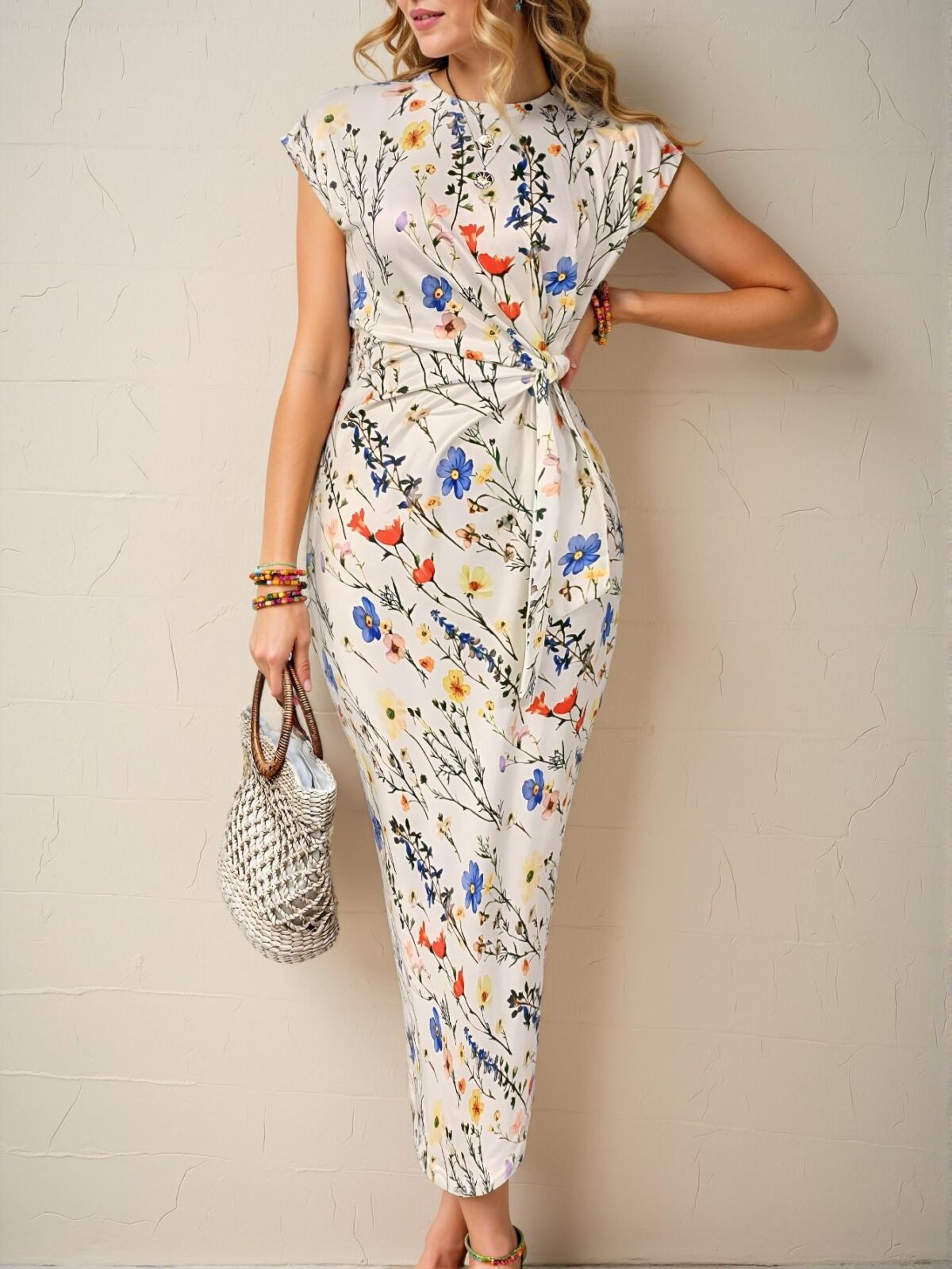 Elegant Multicolor Breezaya Striped Print Knot Accent Crew Neck Short Sleeve Maxi Dress for Spring and Summer - Chic, Classy, and Trendy Fashion Style to Dress to Impress - Image 3