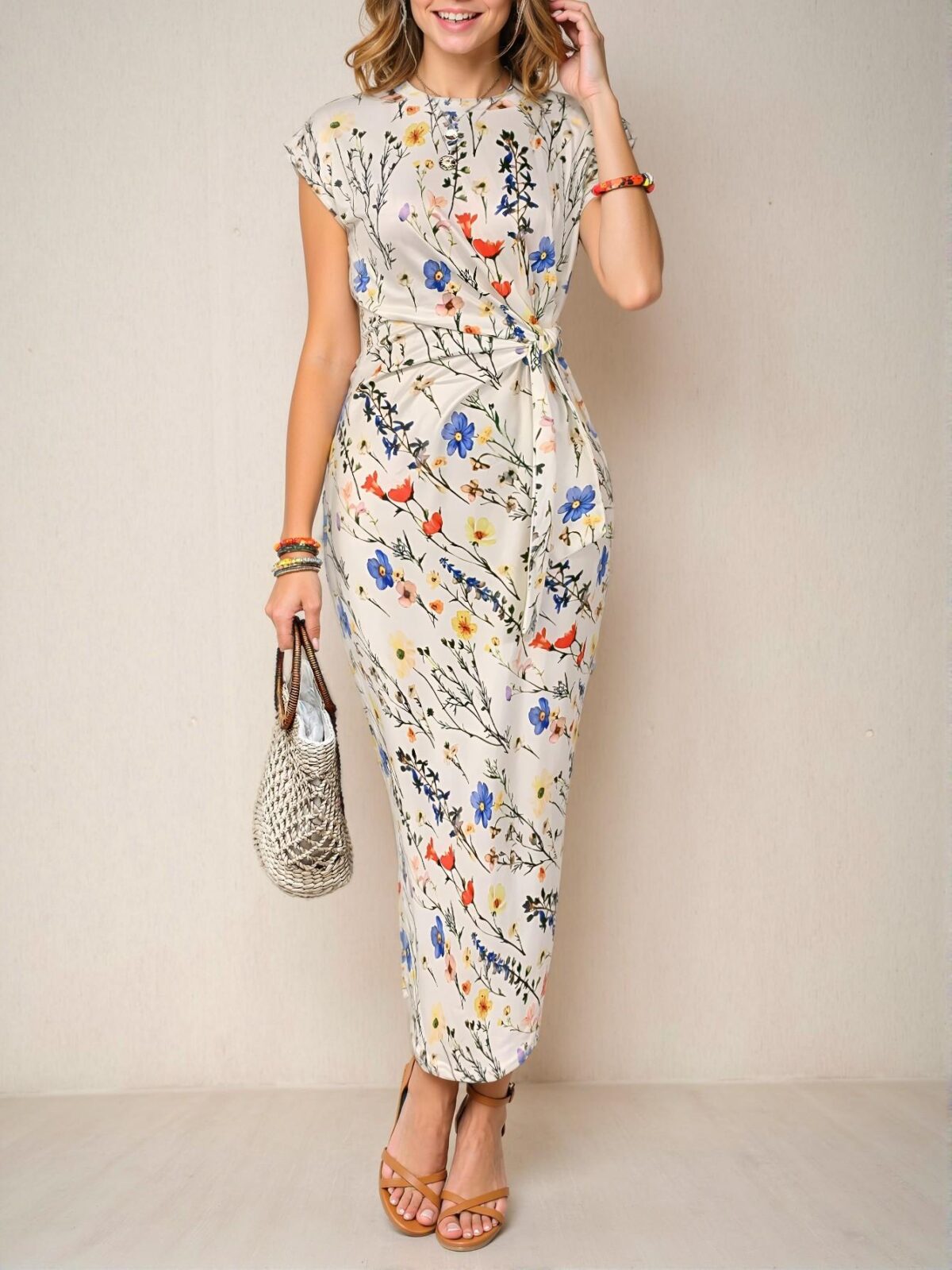 Elegant Multicolor Breezaya Striped Print Knot Accent Crew Neck Short Sleeve Maxi Dress for Spring and Summer - Chic, Classy, and Trendy Fashion Style to Dress to Impress - Image 4