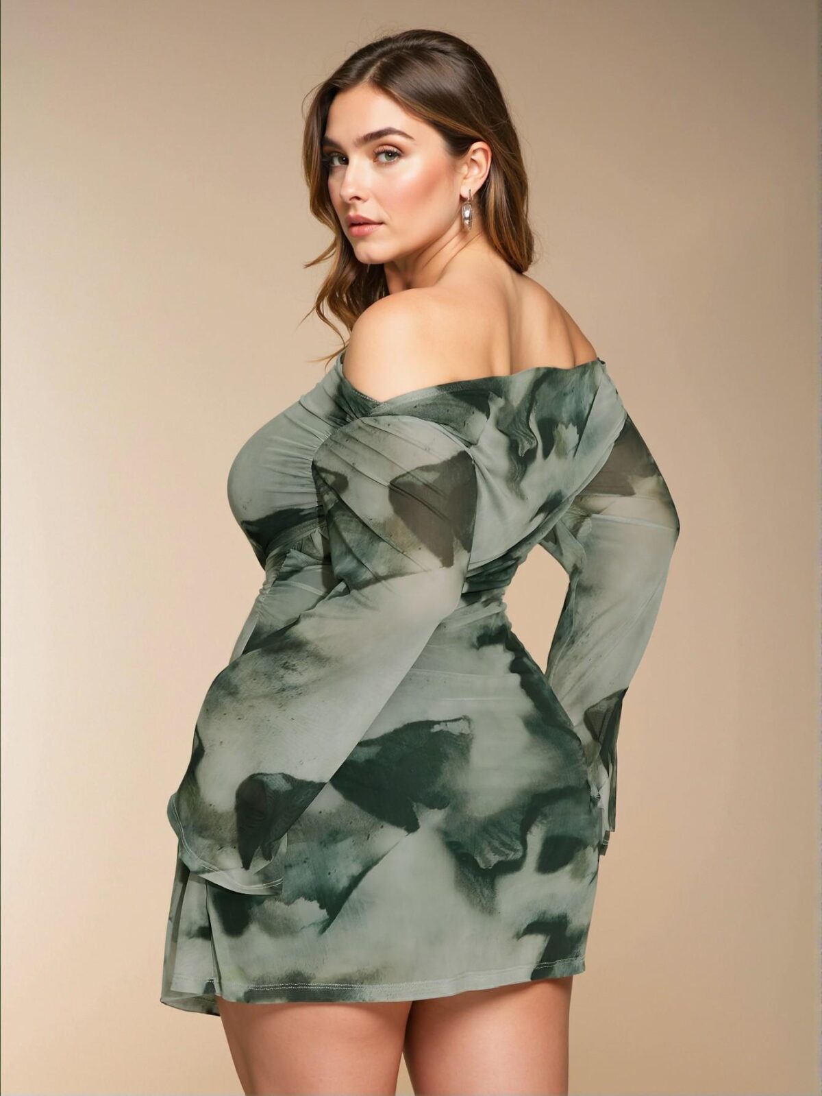 Elegant Green One Shoulder Ruched Flared Sleeve Mini Dress with Gradient Print for Birthdays – Chic, Classy, and Trendy Fashion Style to Dress to Impress - Image 2
