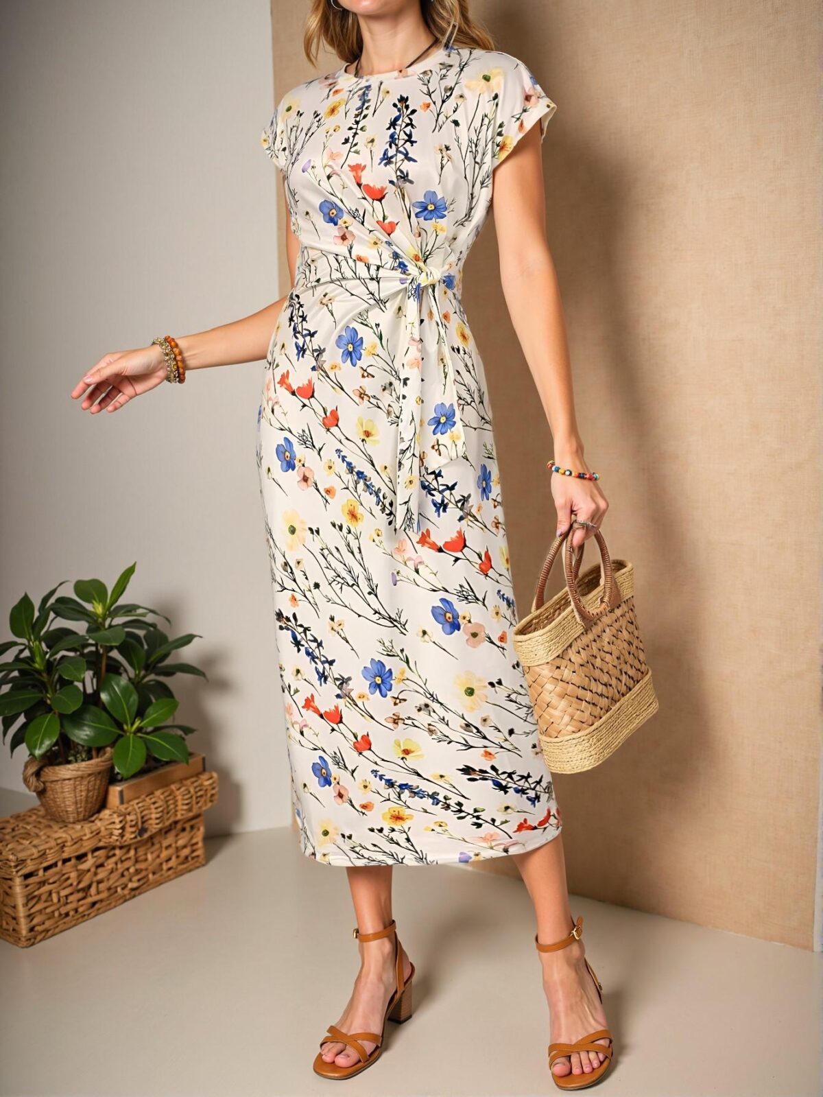 Elegant Multicolor Breezaya Striped Print Knot Accent Crew Neck Short Sleeve Maxi Dress for Spring and Summer - Chic, Classy, and Trendy Fashion Style to Dress to Impress - Image 5