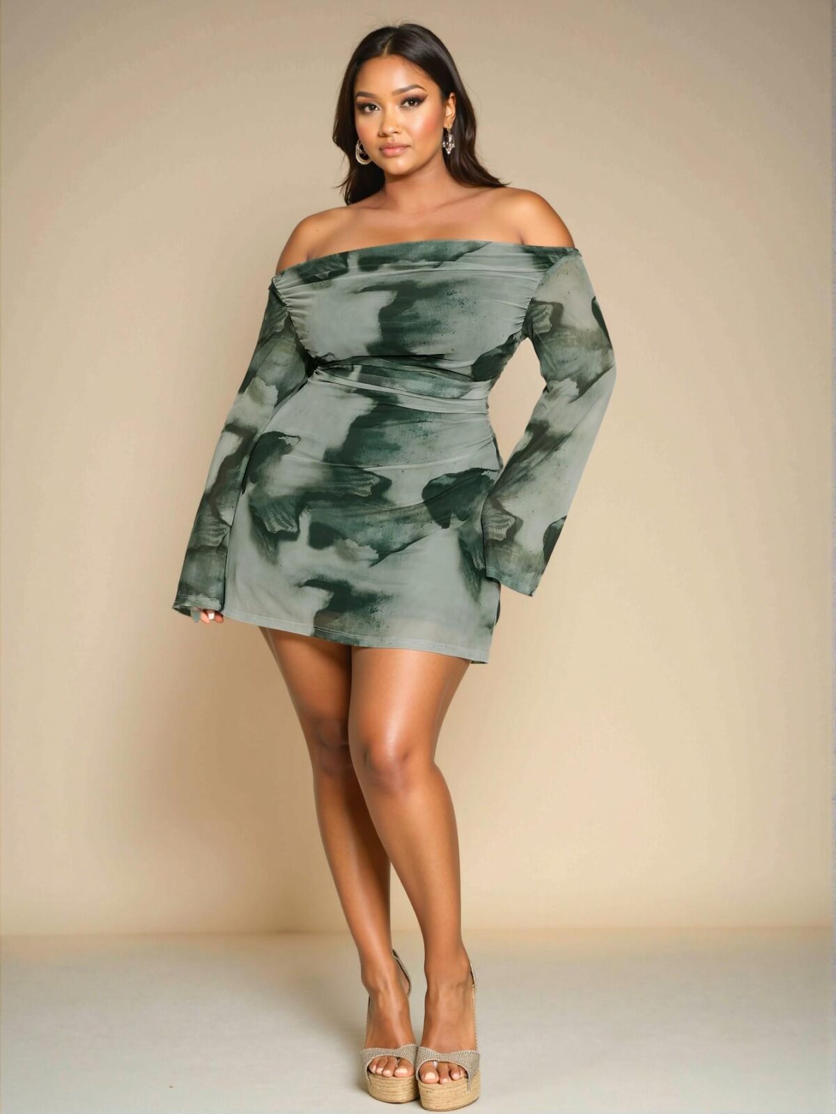 Elegant Green One Shoulder Ruched Flared Sleeve Mini Dress with Gradient Print for Birthdays – Chic, Classy, and Trendy Fashion Style to Dress to Impress - Image 5