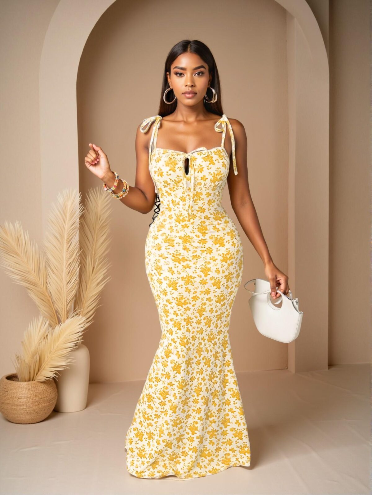 Elegant Yellow Floral Bodycon Dress for Summer Gatherings and Festivals - Chic, Classy and Trendy Fashion Style to Dress to Impress - Image 3