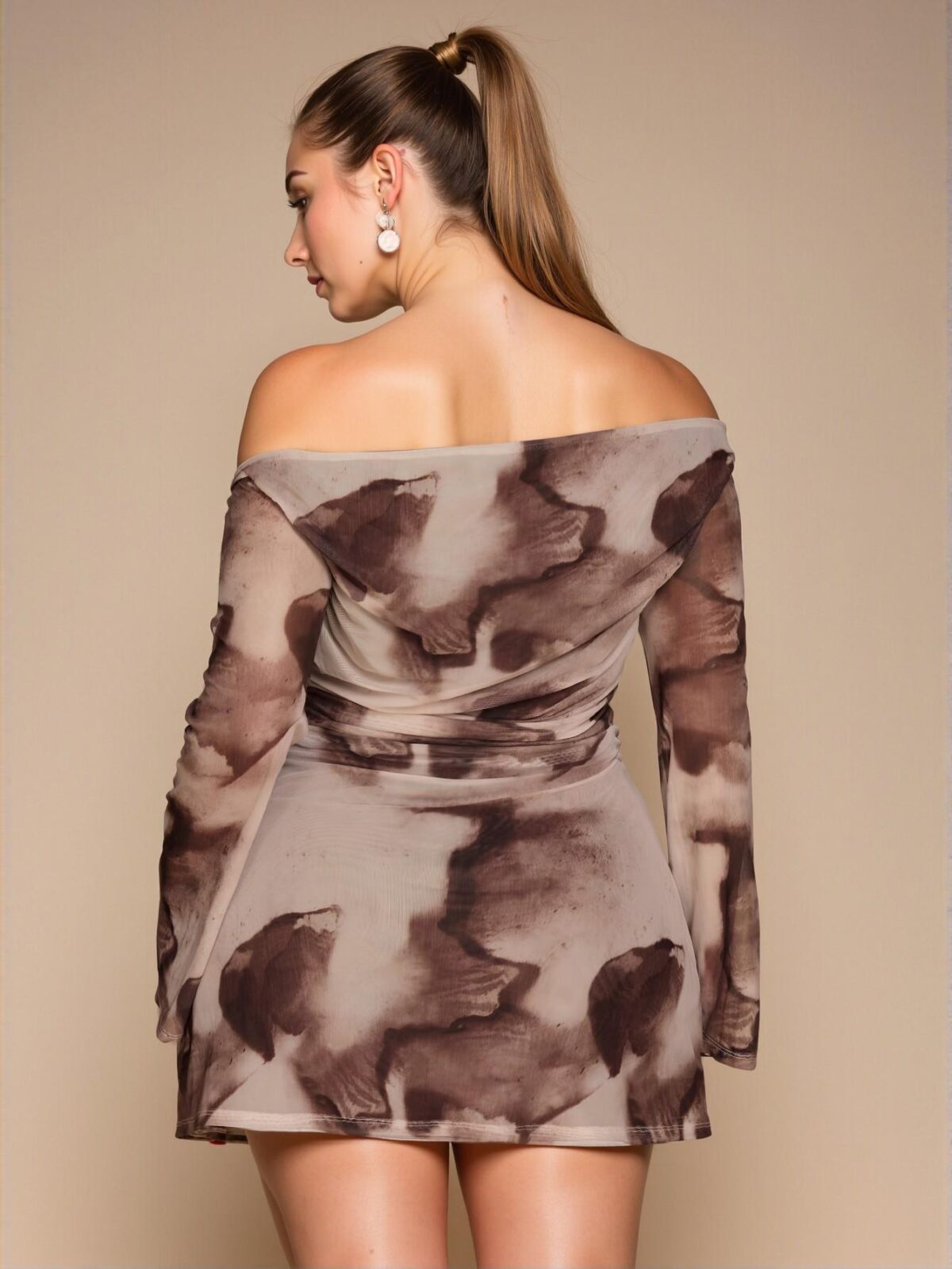Elegant Multicolor Off-Shoulder Gathered Flared Long Sleeve Mini Dress with a Sweet Brown Gradient Mesh Print for Summer and Birthdays – Chic, Classy, and Trendy Fashion Style to Dress to Impress - Image 2