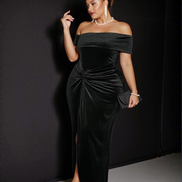 Elegant Black Fitted One Shoulder Cold-Shoulder Velvet Dress with Knot Waist and Slit Hem for Plus Size Women - Chic, Classy and Trendy Fashion Style to Dress to Impress