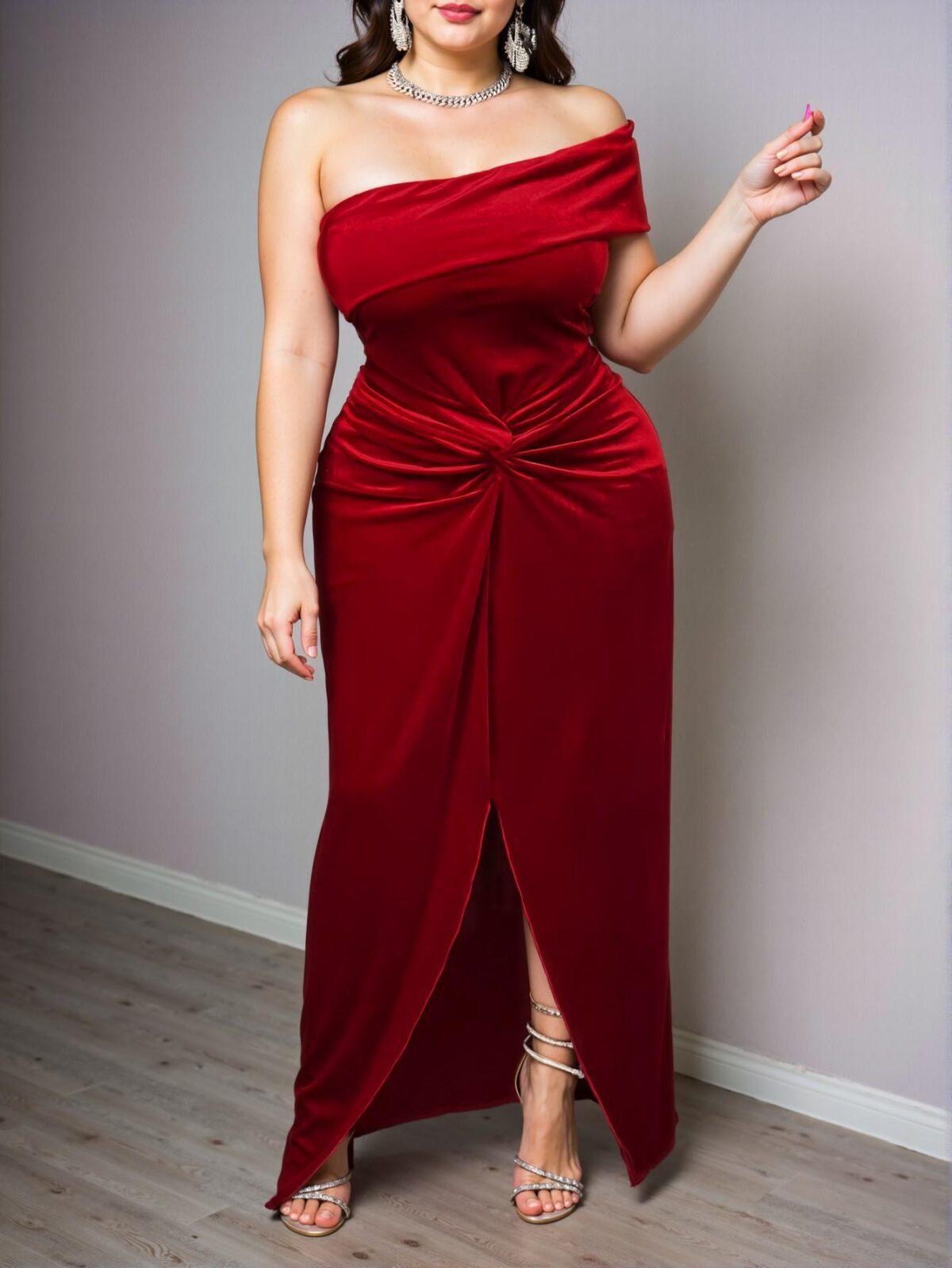 Elegant Burgundy Twist Waist Slit Hem Velvet Maxi Gown for Plus Size Women - Perfect for Spring, Autumn, and Thanksgiving Celebrations - Chic, Classy and Trendy Fashion Style to Dress to Impress - Image 3