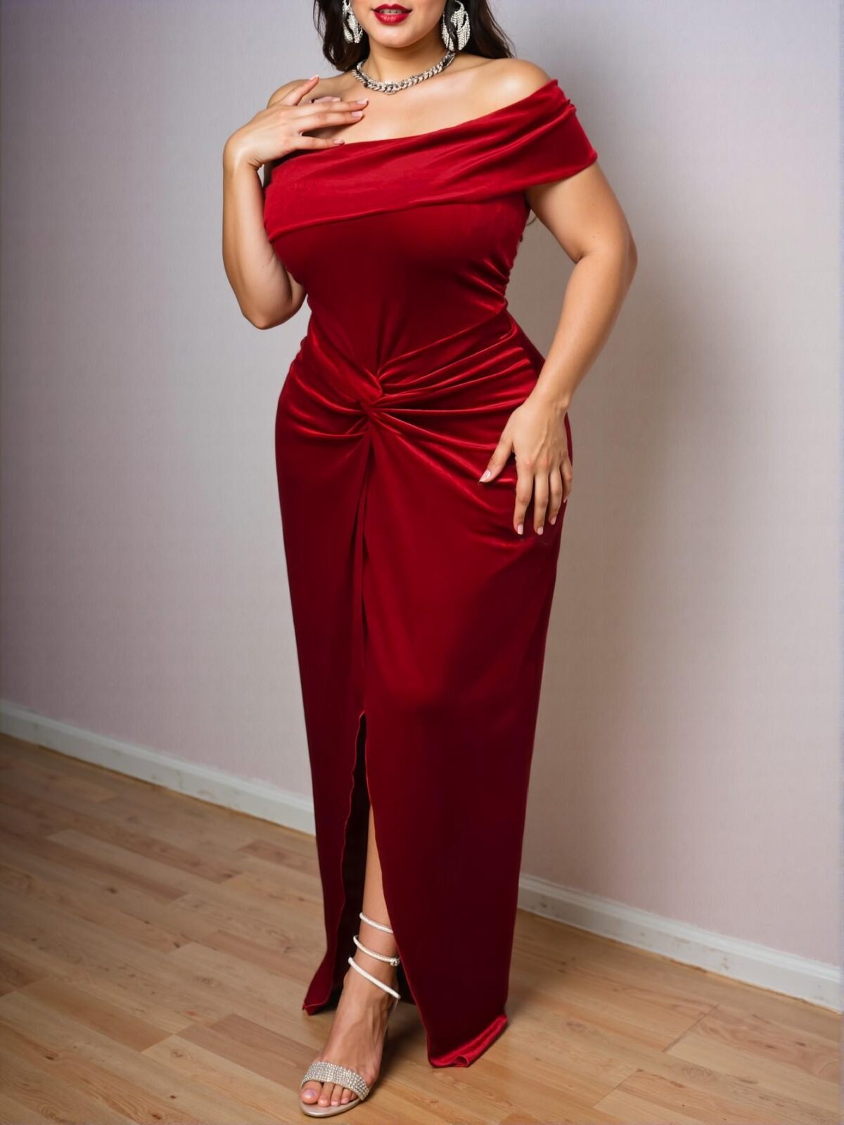 Elegant Burgundy Twist Waist Slit Hem Velvet Maxi Gown for Plus Size Women - Perfect for Spring, Autumn, and Thanksgiving Celebrations - Chic, Classy and Trendy Fashion Style to Dress to Impress - Image 5