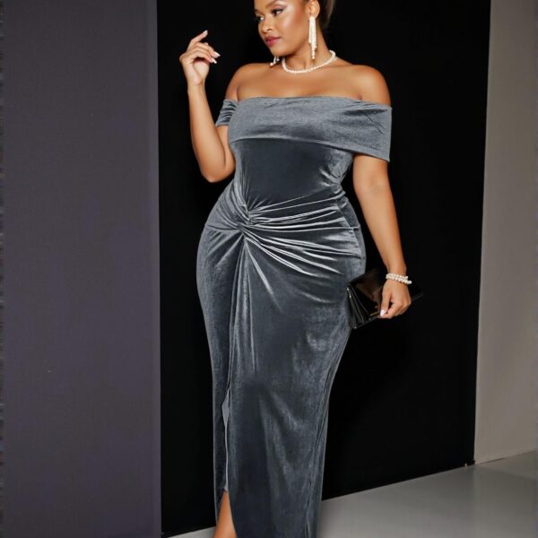 Elegant Dark Grey Fitted Ruched Waist Velvet Dress with Slit Hem for Plus Size Women – Perfect for Spring and Autumn Parties – Chic, Classy and Trendy Fashion Style to Dress to Impress