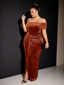 Elegant Redwood One-Shoulder, Fitted Velvet Dress with Waist Twist and Slit Hem for Plus Size Women - Perfect for Spring and Autumn Events - Chic, Classy and Trendy Fashion Style to Dress to Impress