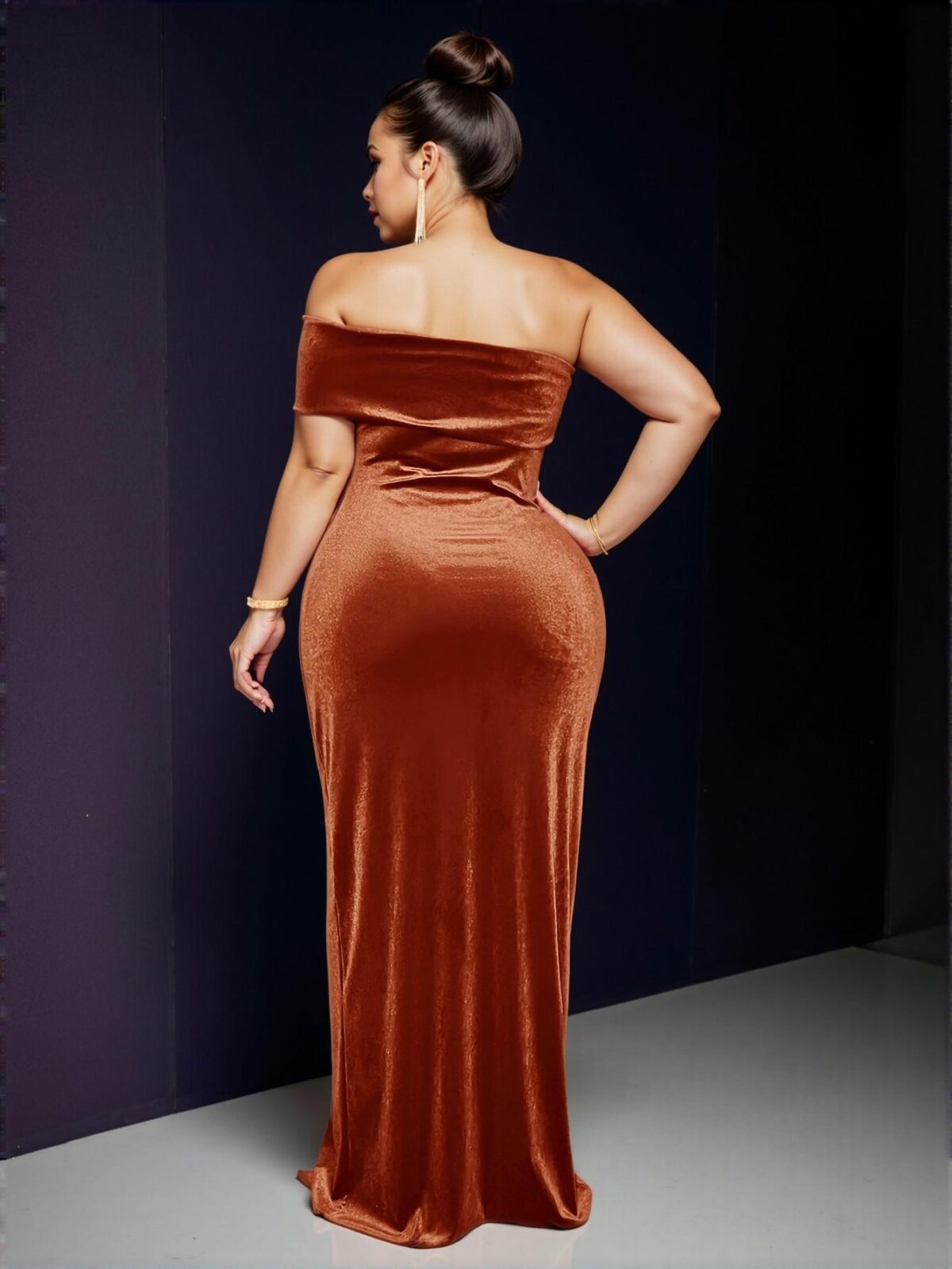 Elegant Redwood One-Shoulder, Fitted Velvet Dress with Waist Twist and Slit Hem for Plus Size Women - Perfect for Spring and Autumn Events - Chic, Classy and Trendy Fashion Style to Dress to Impress - Image 2