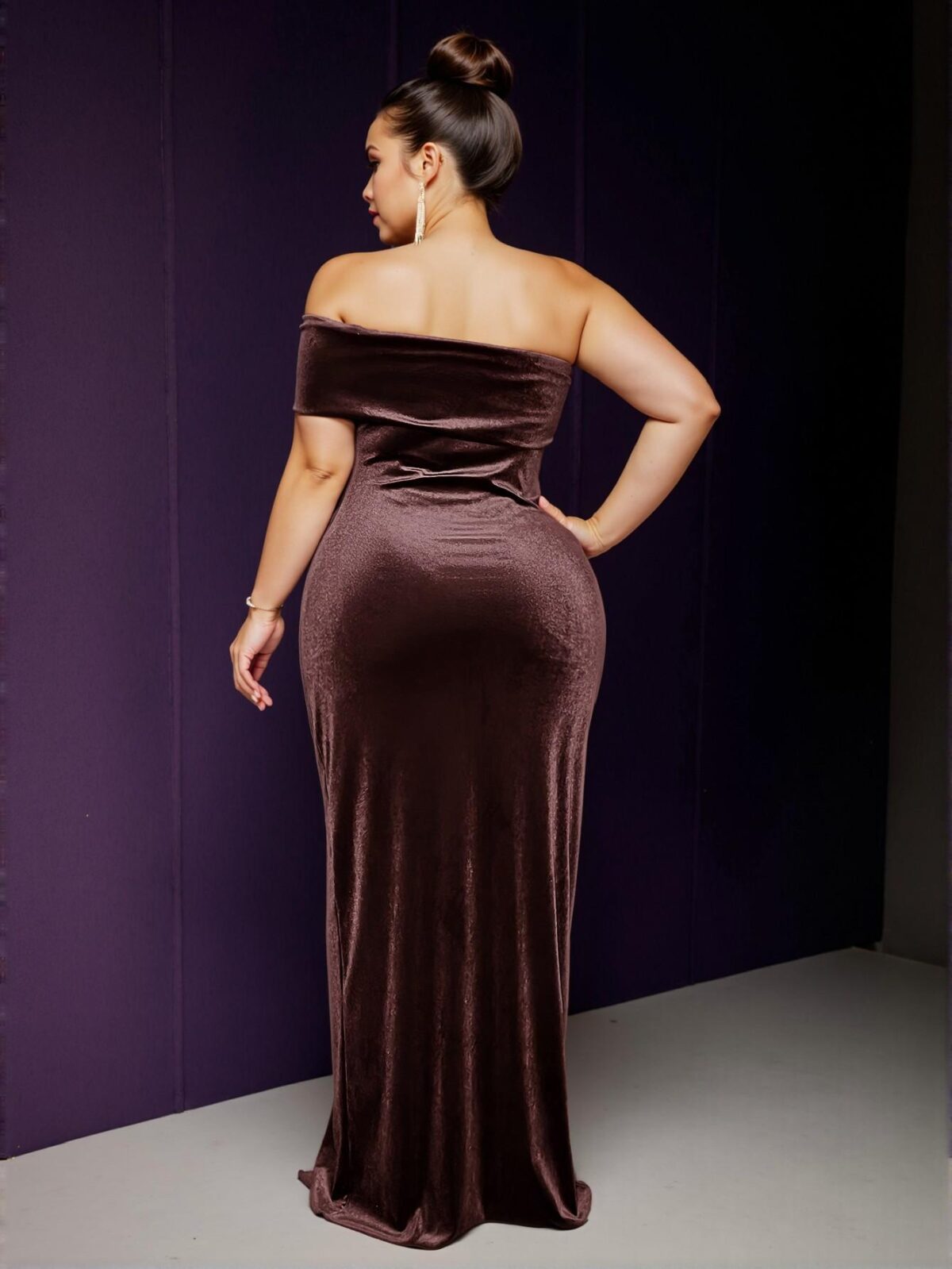 Elegant Coffee Brown One Shoulder Fitted Velvet Dress with Twisted Waist and Slit Hem for Plus Size Women—Chic, Classy and Trendy Fashion Style to Dress to Impress - Image 2